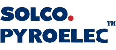 A logo with a clean white background displaying ‘SOLCO PYROELE’ in large uppercase navy blue letters, with a red dot placed right after the ‘SOLCO’ portion.